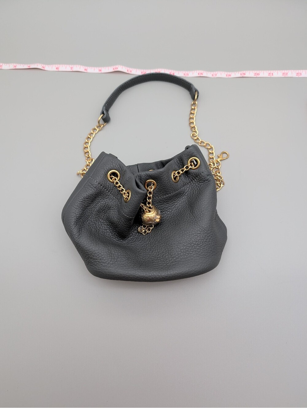 Gray Leather Bucket Bag with Gold Chain Handle